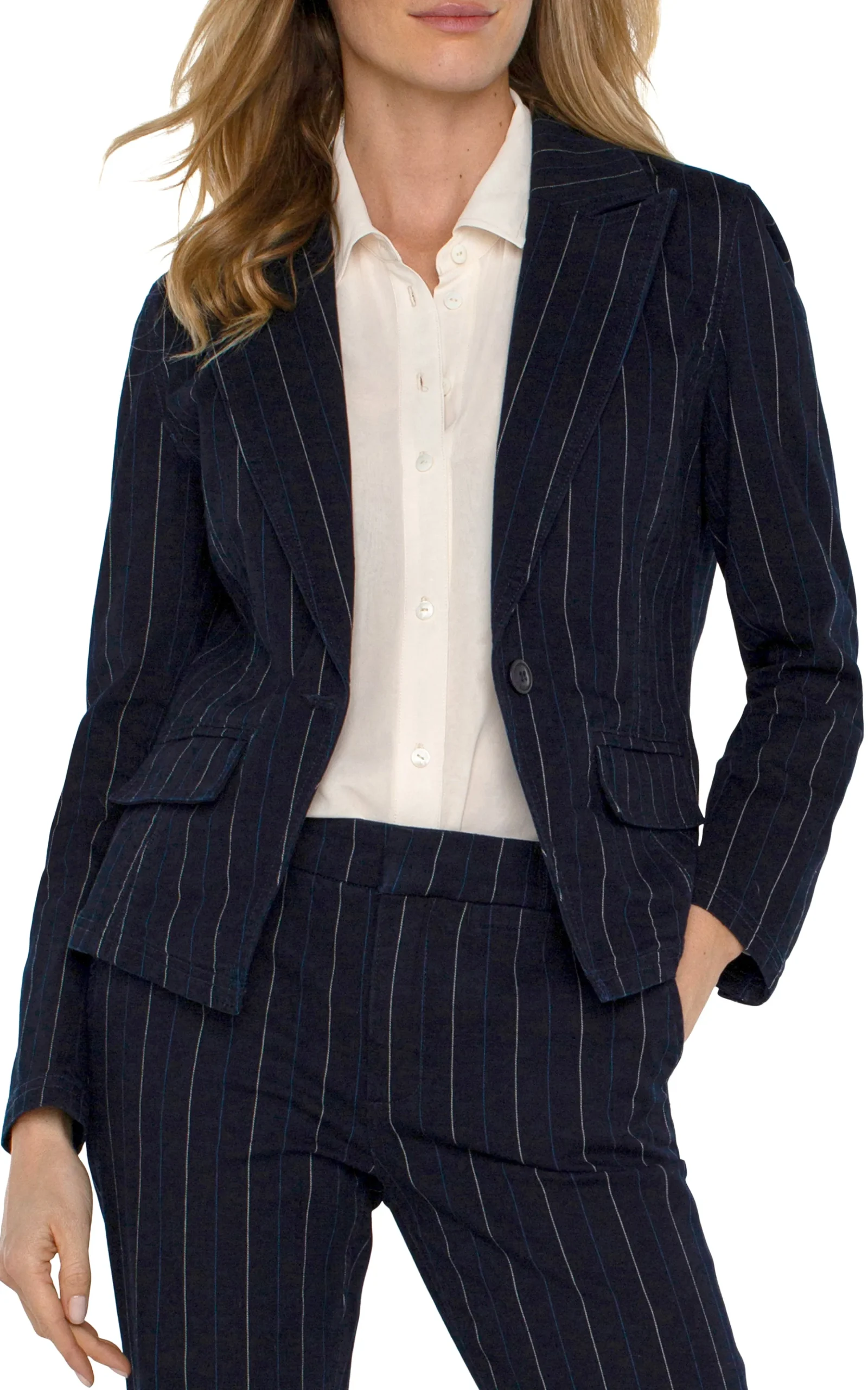 Liverpool Los Angeles Jackets-NOTCH COLLAR ONE BUTTON BLAZER Lapisindigostripe
