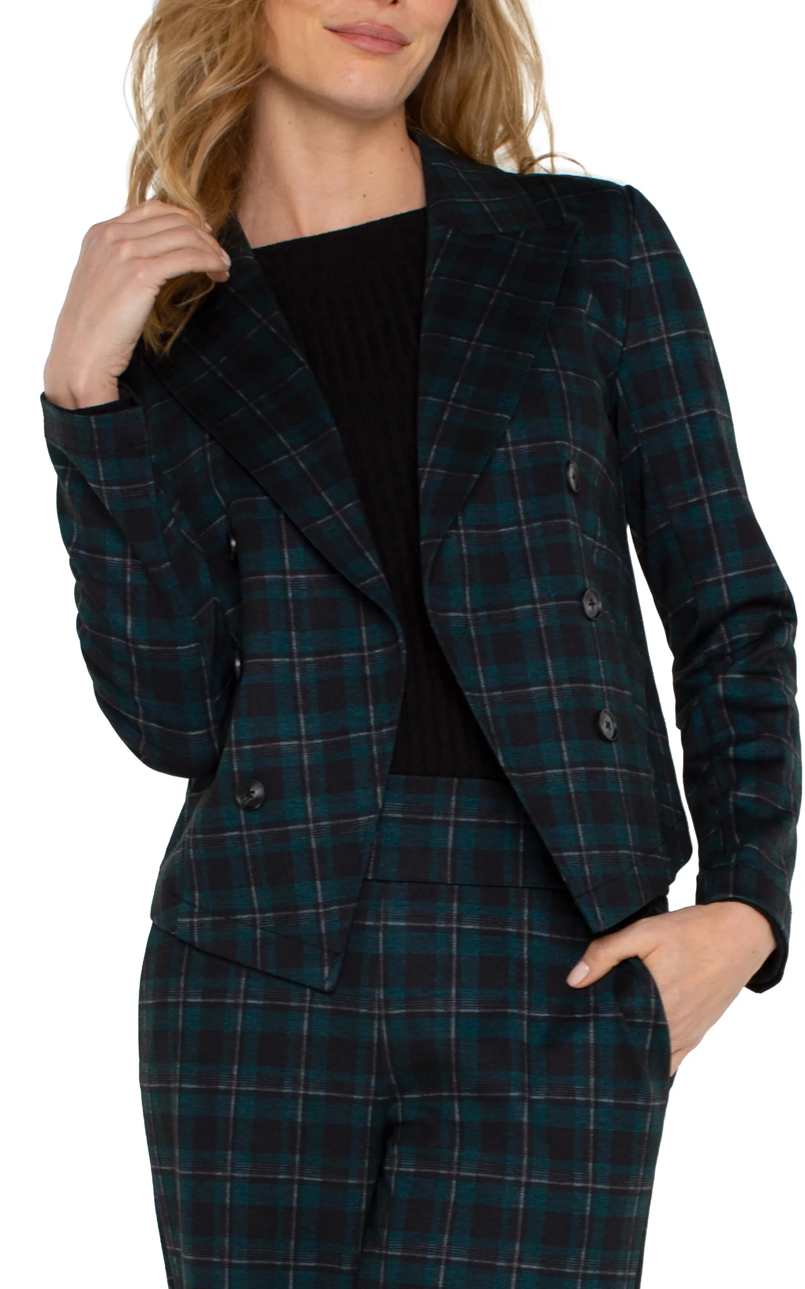 Liverpool Los Angeles Jackets-OPEN FRONT BLAZER Darkforesttartanplaid