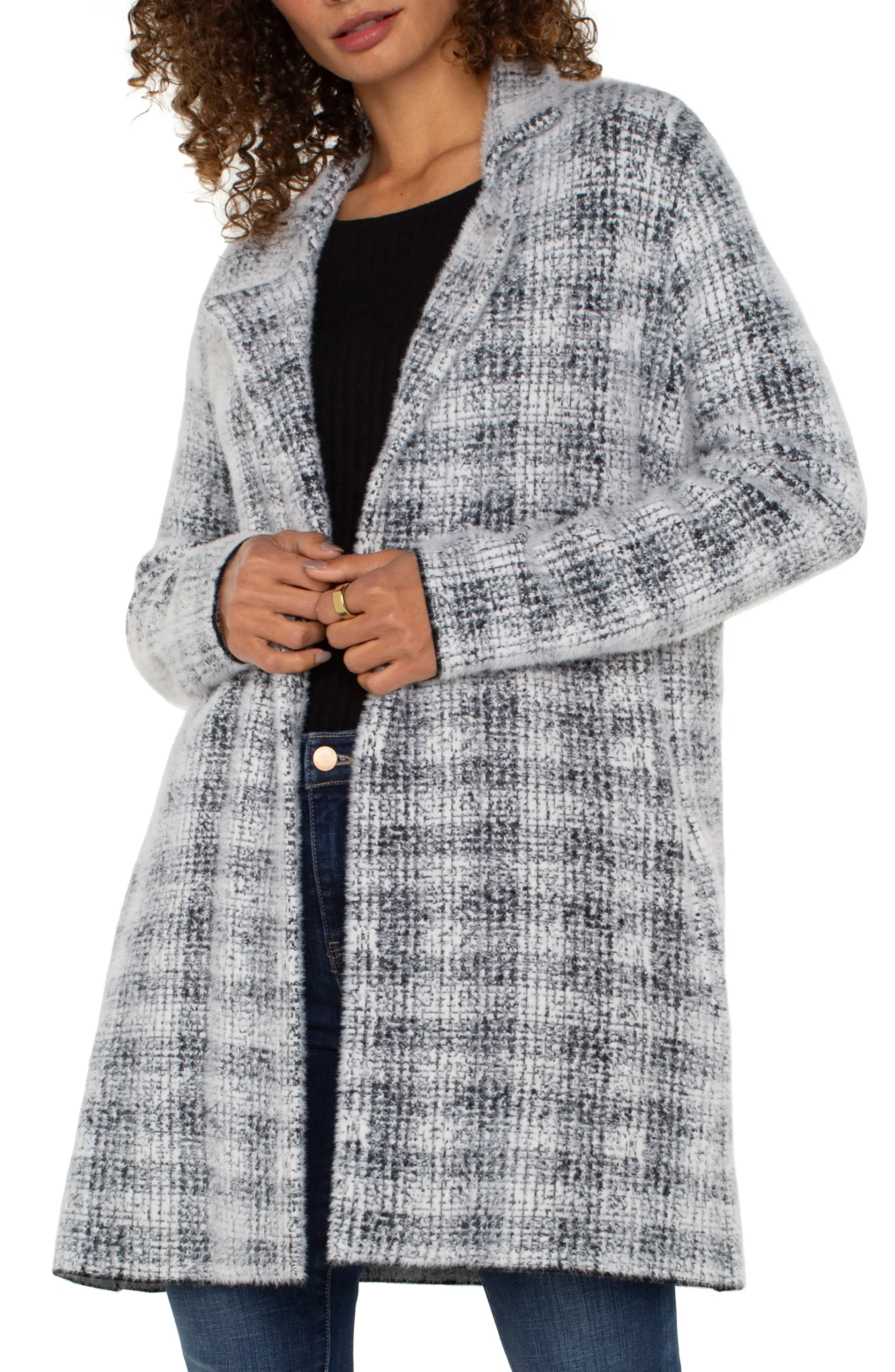 Liverpool Los Angeles Coatigans-OPEN FRONT COATIGAN SWEATER Greywhiteplaid