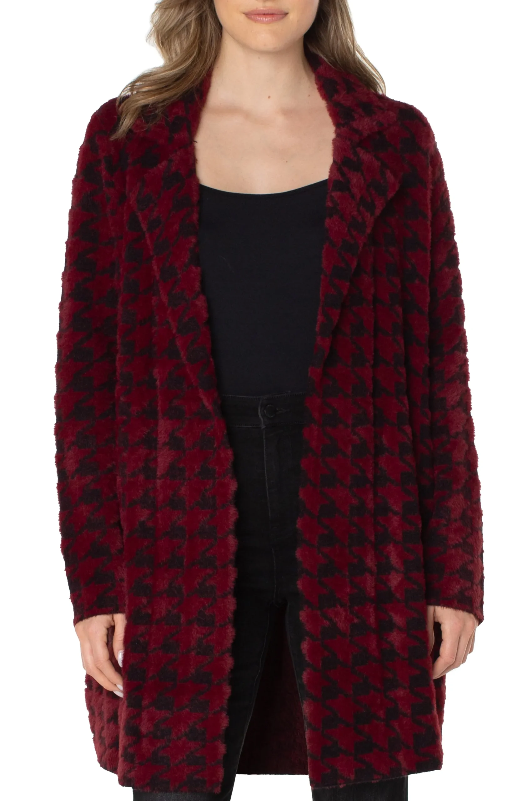 Liverpool Los Angeles Coatigans-OPEN FRONT COATIGAN SWEATER Burgundyblackhoundstooth
