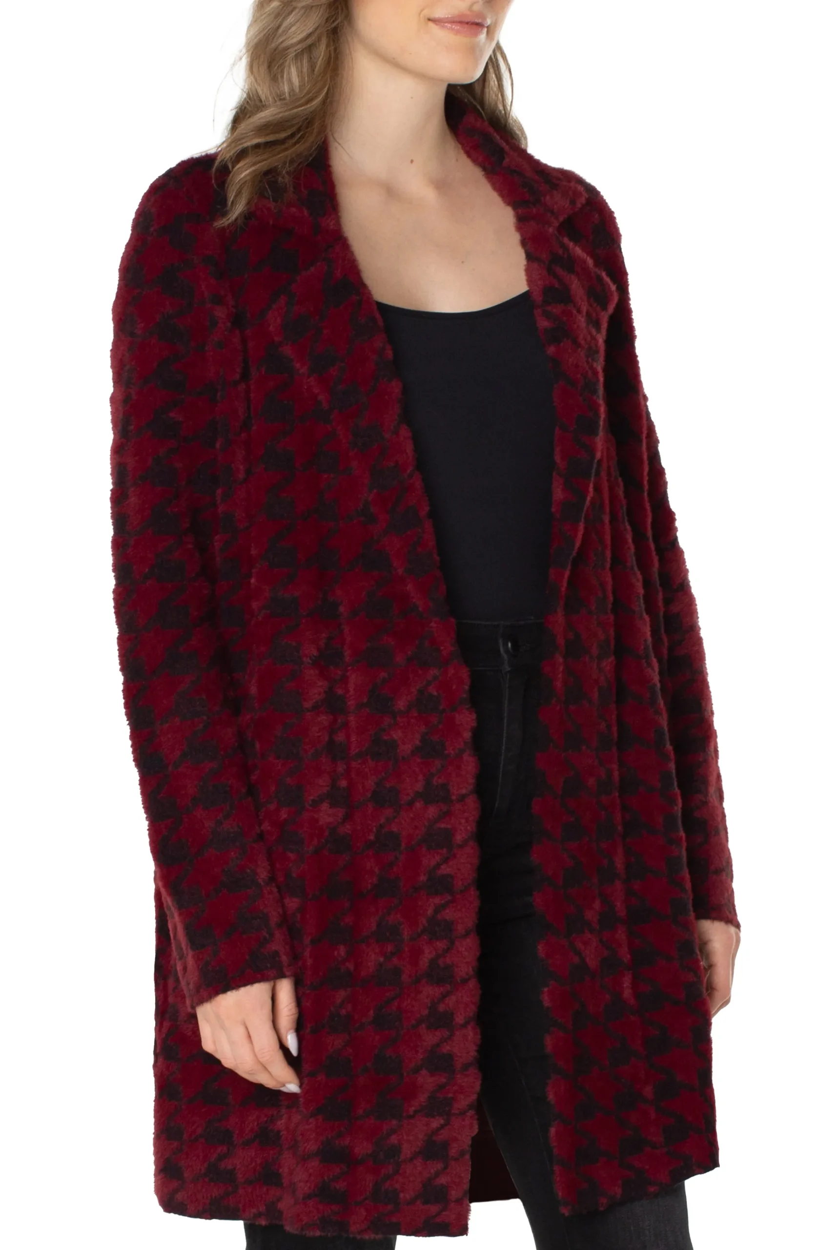Liverpool Los Angeles Coatigans-OPEN FRONT COATIGAN SWEATER Burgundyblackhoundstooth