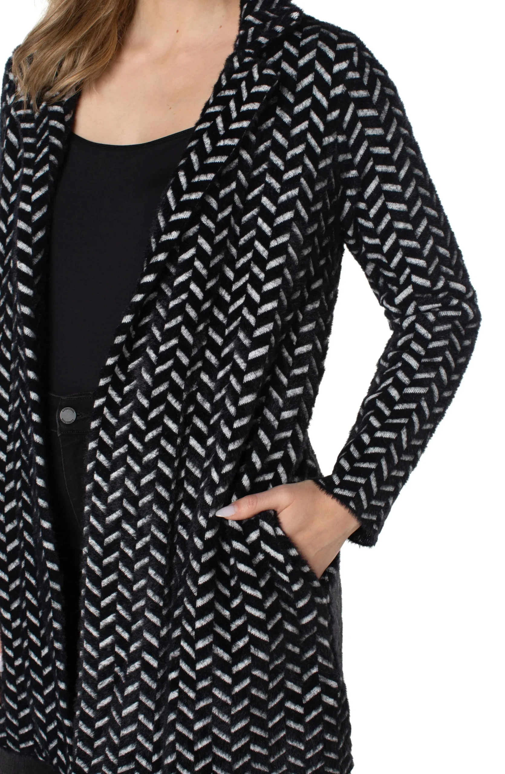 Liverpool Los Angeles Jackets|Coatigans-OPEN FRONT COATIGAN SWEATER Blackherringbone