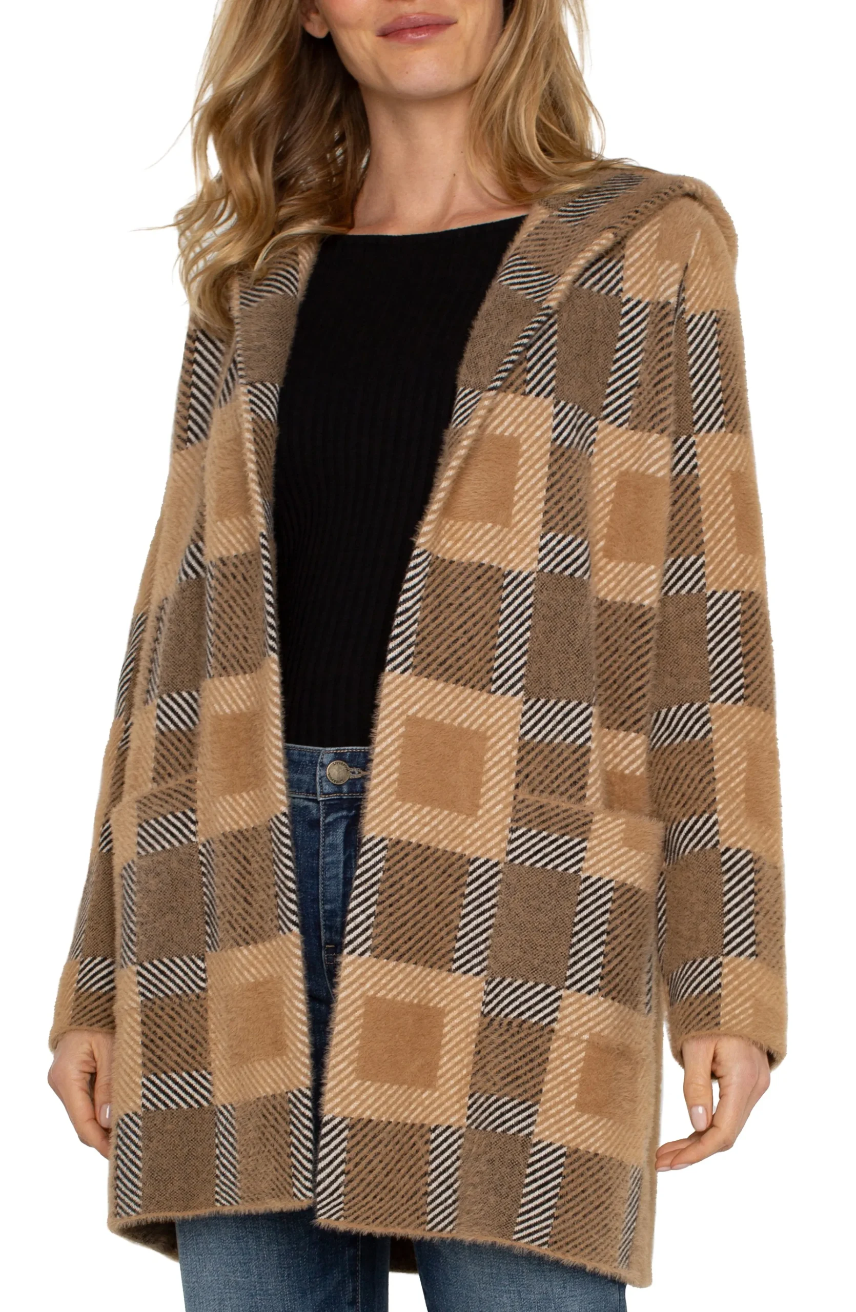 Liverpool Los Angeles Coatigans-OPEN FRONT COATIGAN SWEATER Camelcheck