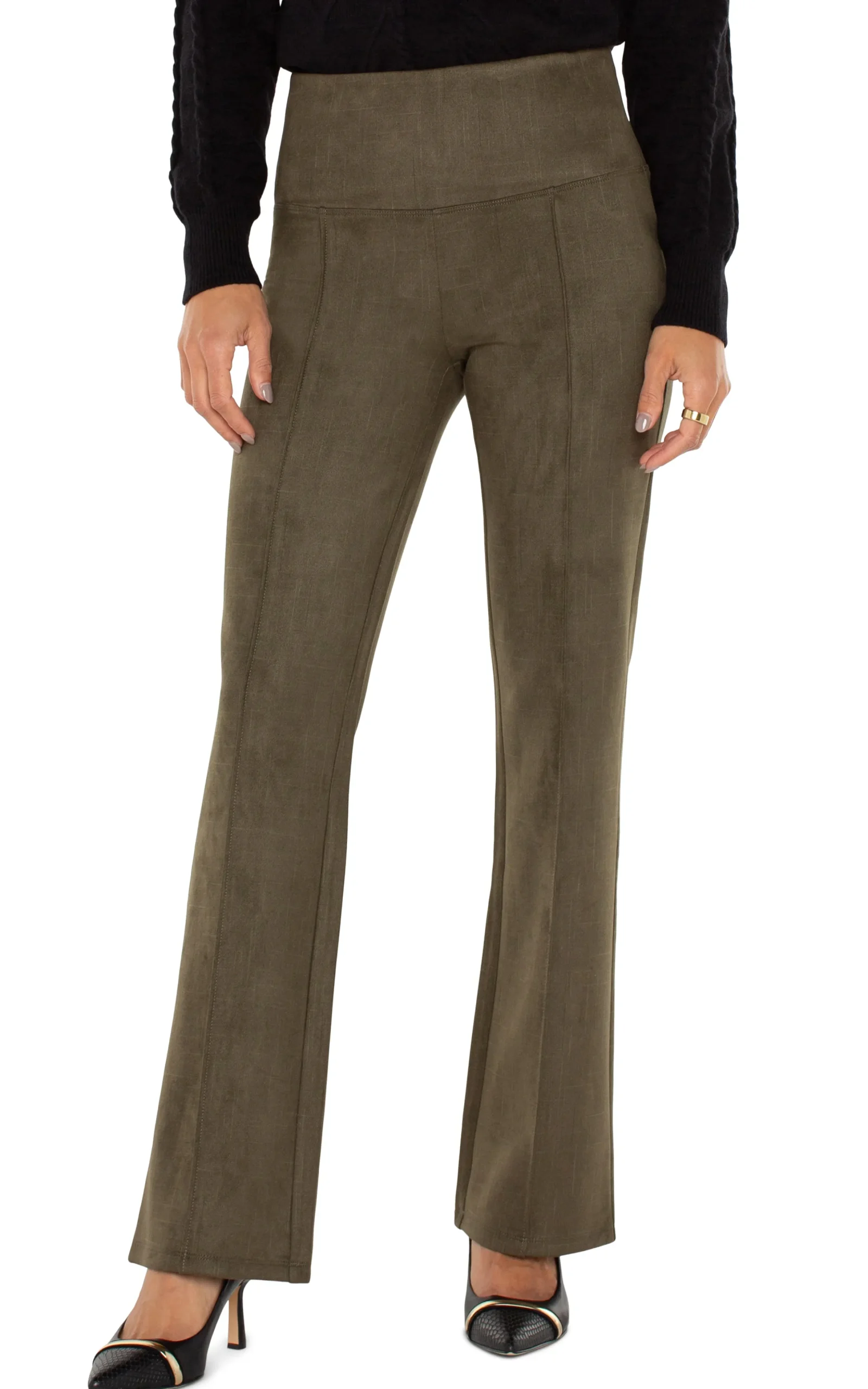 Liverpool Los Angeles Pants|Knit Pull-On-PEARL FULL LENGTH FLARE WITH PINTUCKS Olive