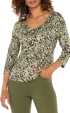 Liverpool Los Angeles Tops-PETITE 3/4 SLEEVE DRAPED NECK KNIT TOP Olivecamodot