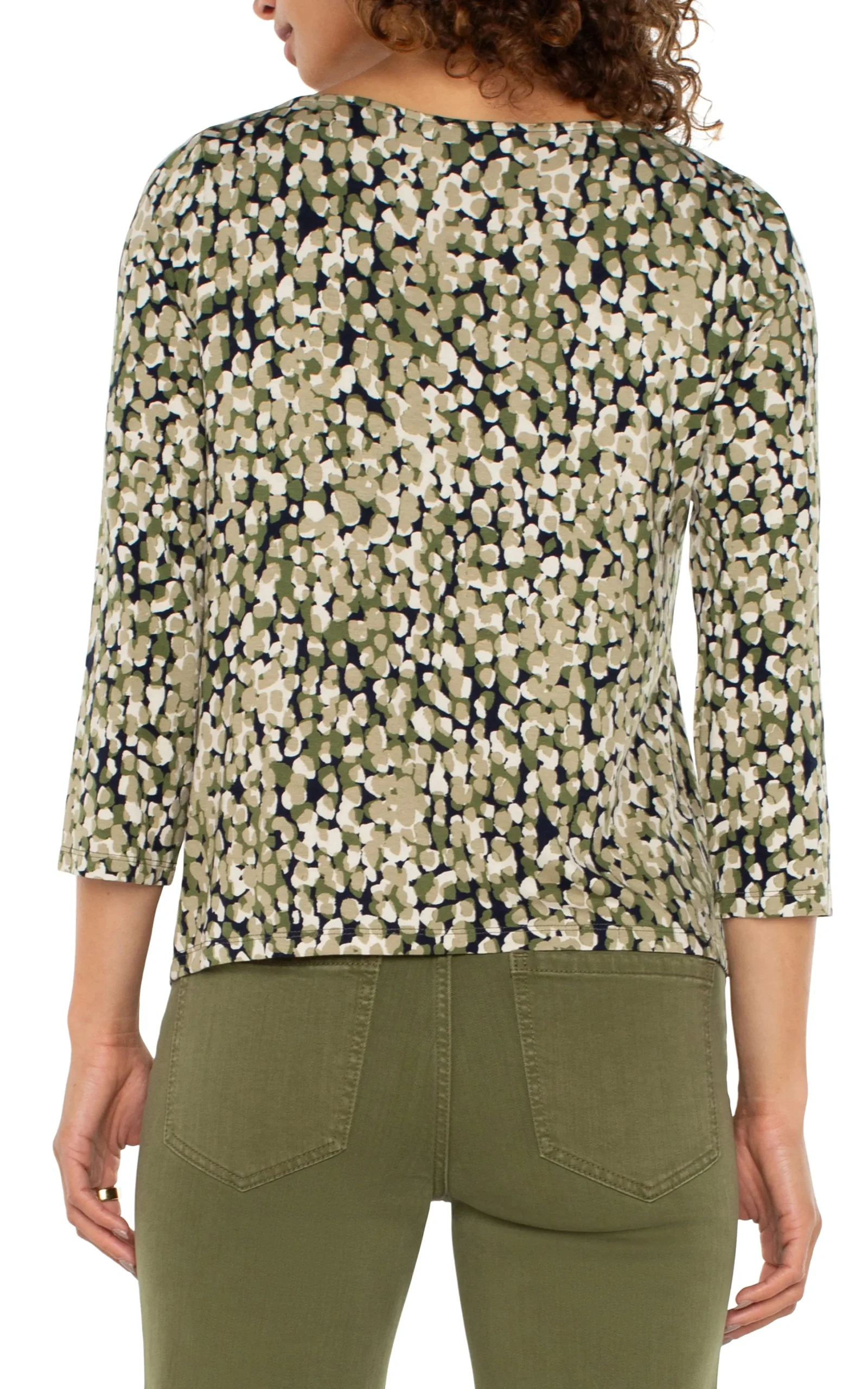Liverpool Los Angeles Tops-PETITE 3/4 SLEEVE DRAPED NECK KNIT TOP Olivecamodot