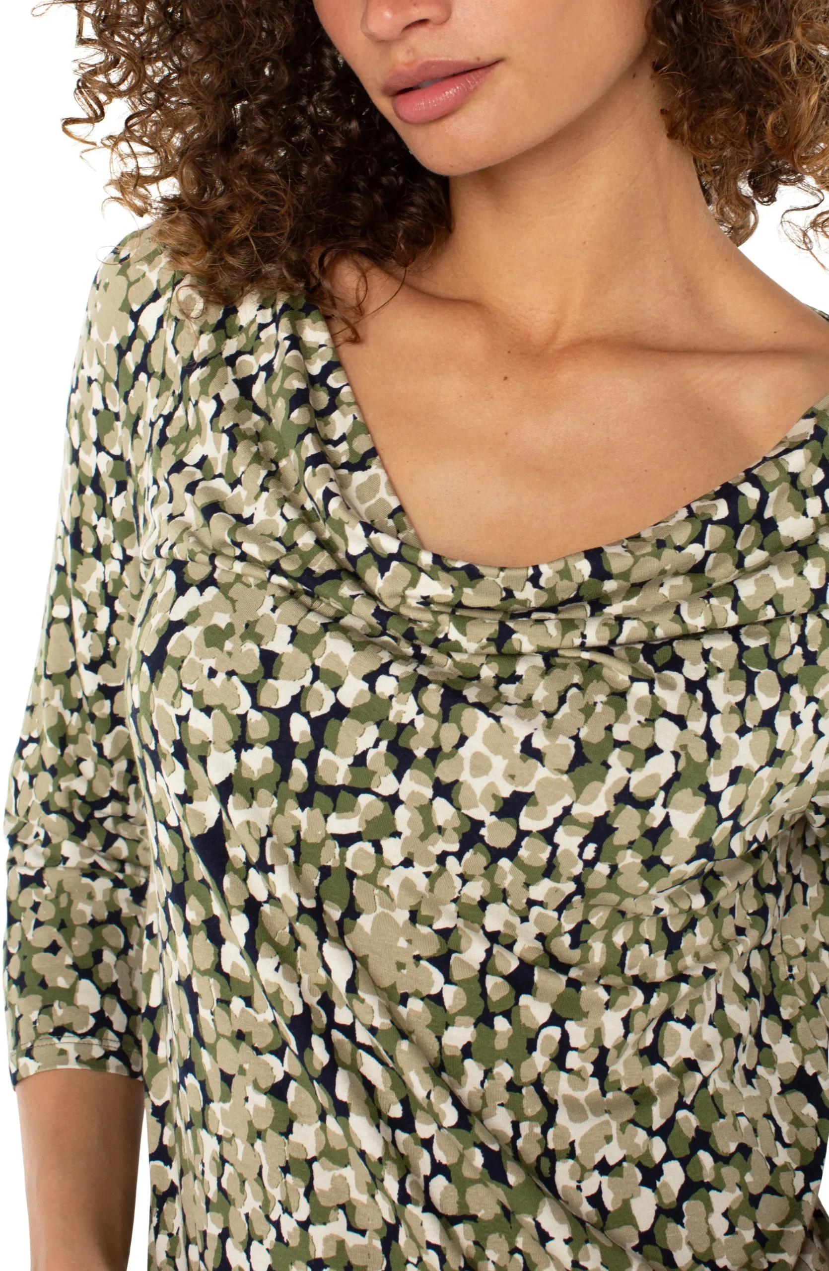 Liverpool Los Angeles Tops-PETITE 3/4 SLEEVE DRAPED NECK KNIT TOP Olivecamodot