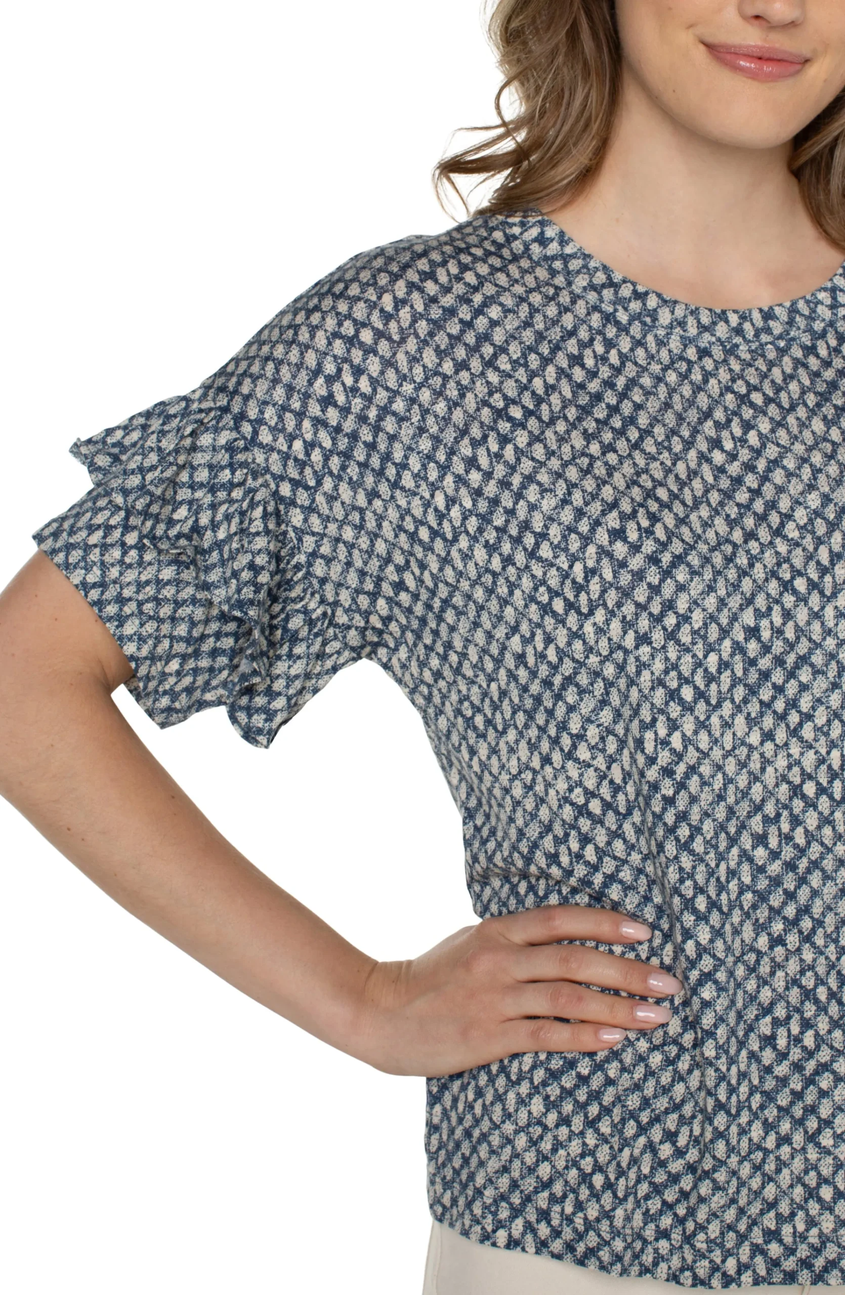 Liverpool Los Angeles Tops-PETITE 1/2 SLEEVE DROP SHOULDER WITH RUFFLE Navytextureddots