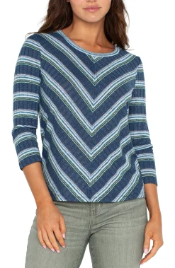 Liverpool Los Angeles Tops-PETITE 3/4 SLEEVE SCOOP NECK KNIT TOP Bluetealmultistripe