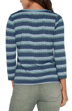 Liverpool Los Angeles Tops-PETITE 3/4 SLEEVE SCOOP NECK KNIT TOP Bluetealmultistripe