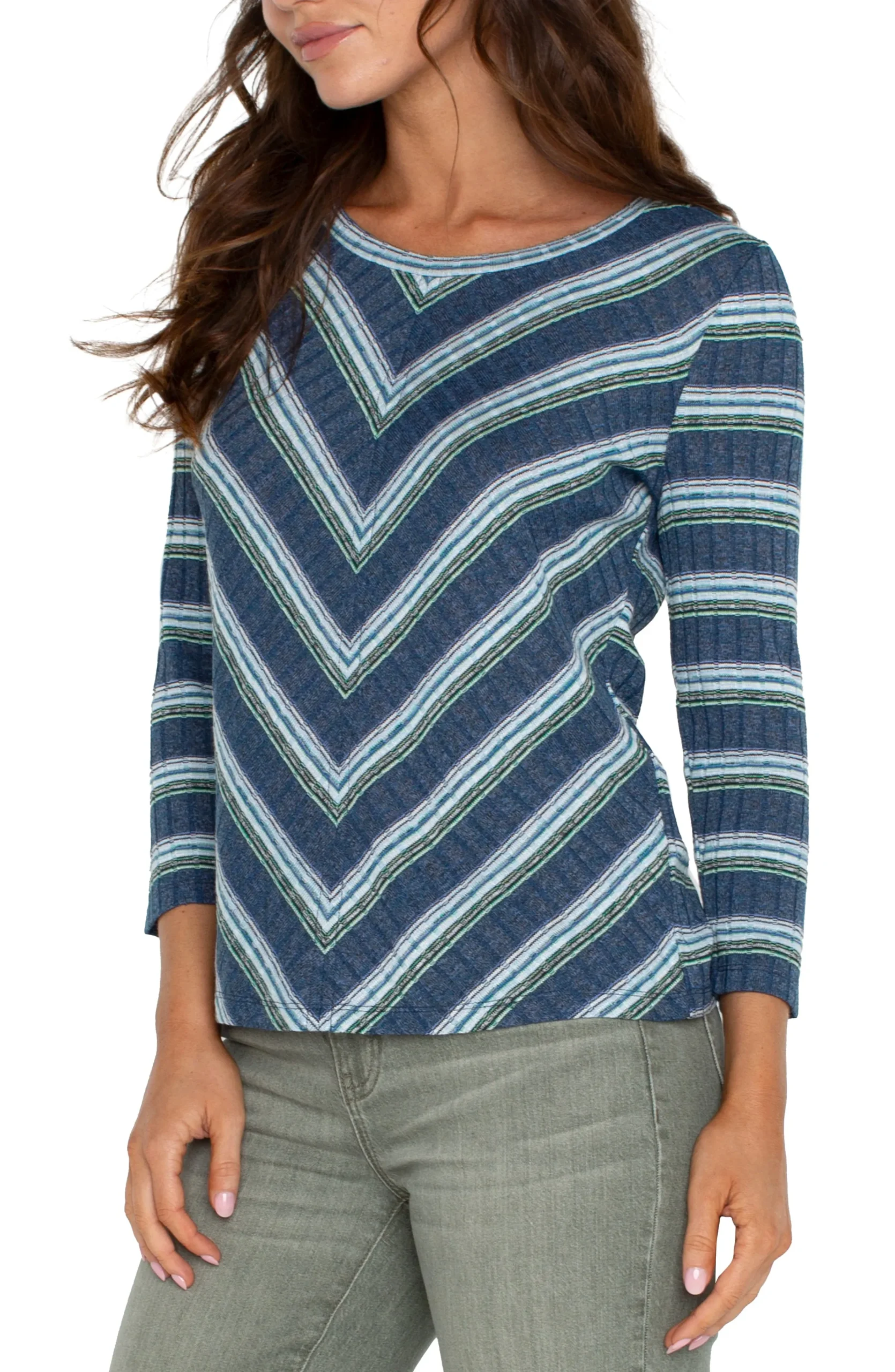 Liverpool Los Angeles Tops-PETITE 3/4 SLEEVE SCOOP NECK KNIT TOP Bluetealmultistripe