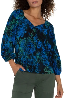 Liverpool Los Angeles Tops-PETITE 3/4 SLEEVE SWEETHEART NECK WOVEN BLOUSE Bluetopazmulti