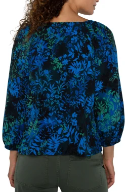 Liverpool Los Angeles Tops-PETITE 3/4 SLEEVE SWEETHEART NECK WOVEN BLOUSE Bluetopazmulti