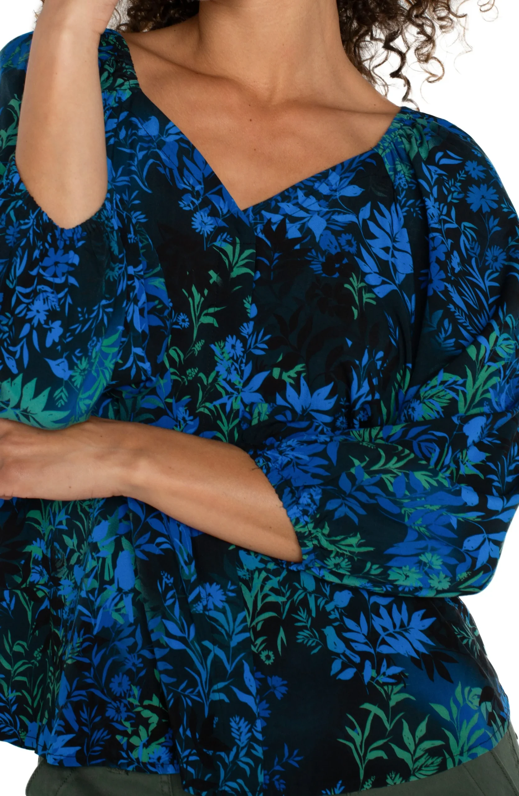 Liverpool Los Angeles Tops-PETITE 3/4 SLEEVE SWEETHEART NECK WOVEN BLOUSE Bluetopazmulti