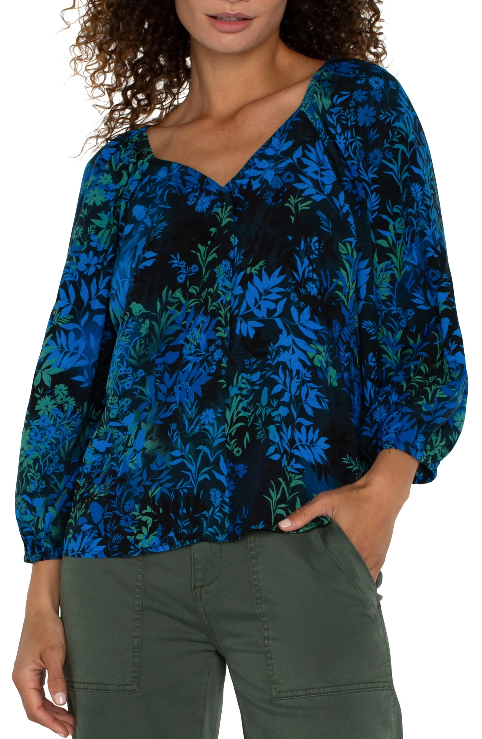Liverpool Los Angeles Tops-PETITE 3/4 SLEEVE SWEETHEART NECK WOVEN BLOUSE Bluetopazmulti