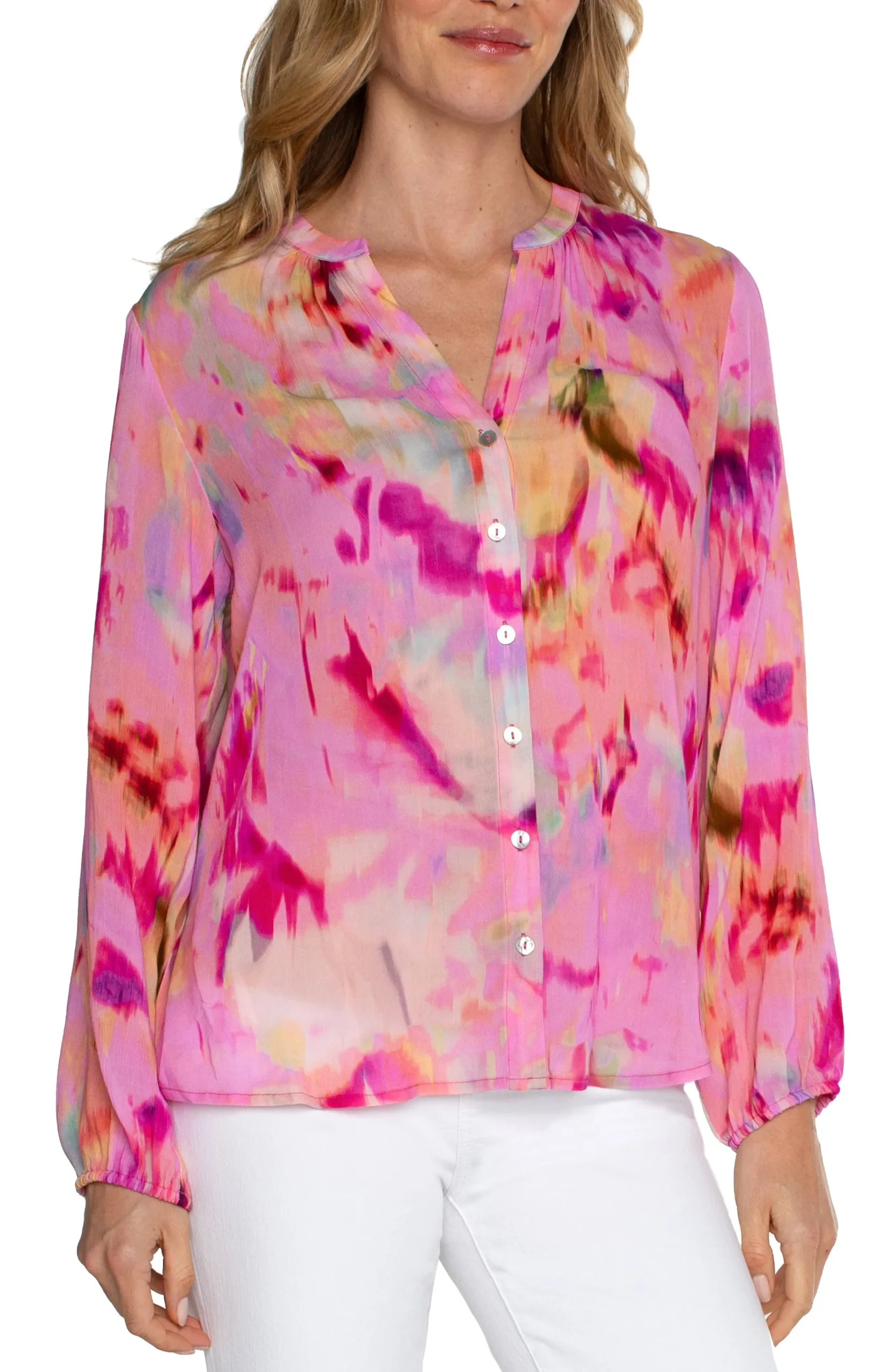 Liverpool Los Angeles Tops-PETITE BUTTON FRONT SHIRRED BLOUSE Fuchsiawatercolor