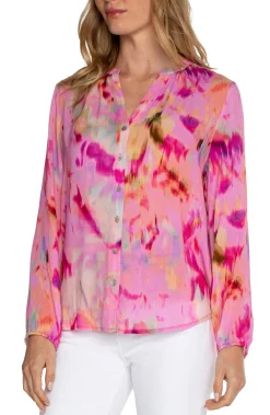 Liverpool Los Angeles Tops-PETITE BUTTON FRONT SHIRRED BLOUSE Fuchsiawatercolor