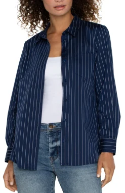 Liverpool Los Angeles Tops-PETITE CLASSIC BUTTON FRONT POPLIN SHIRT Navywhitepinstripe
