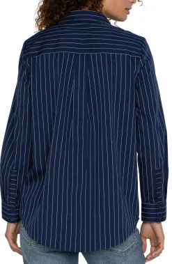 Liverpool Los Angeles Tops-PETITE CLASSIC BUTTON FRONT POPLIN SHIRT Navywhitepinstripe