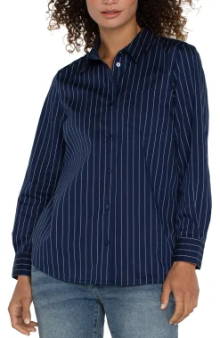 Liverpool Los Angeles Tops-PETITE CLASSIC BUTTON FRONT POPLIN SHIRT Navywhitepinstripe