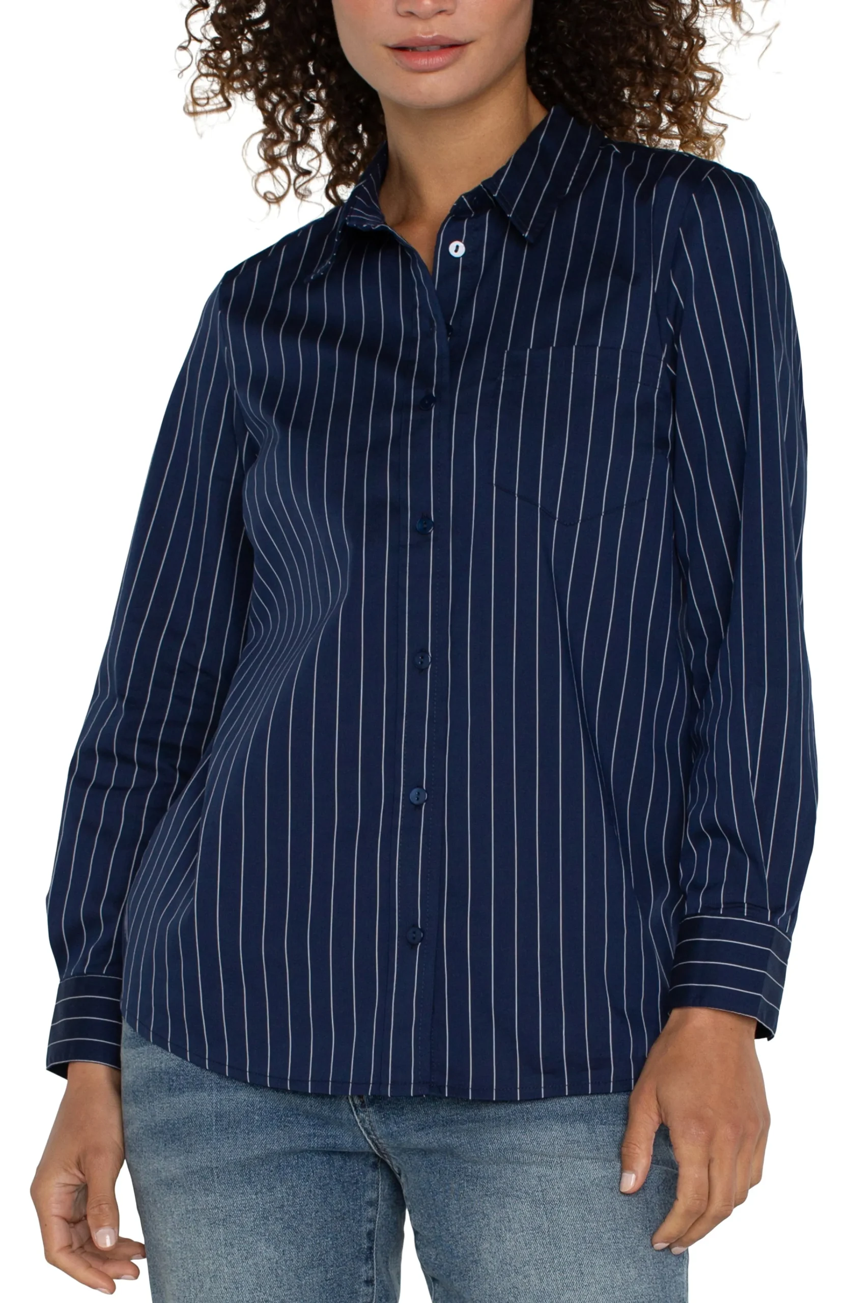 Liverpool Los Angeles Tops-PETITE CLASSIC BUTTON FRONT POPLIN SHIRT Navywhitepinstripe