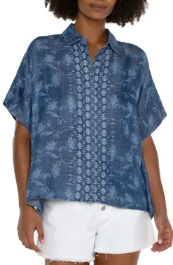 Liverpool Los Angeles Tops-PETITE COLLARED CAMP SHIRT Indigofloral