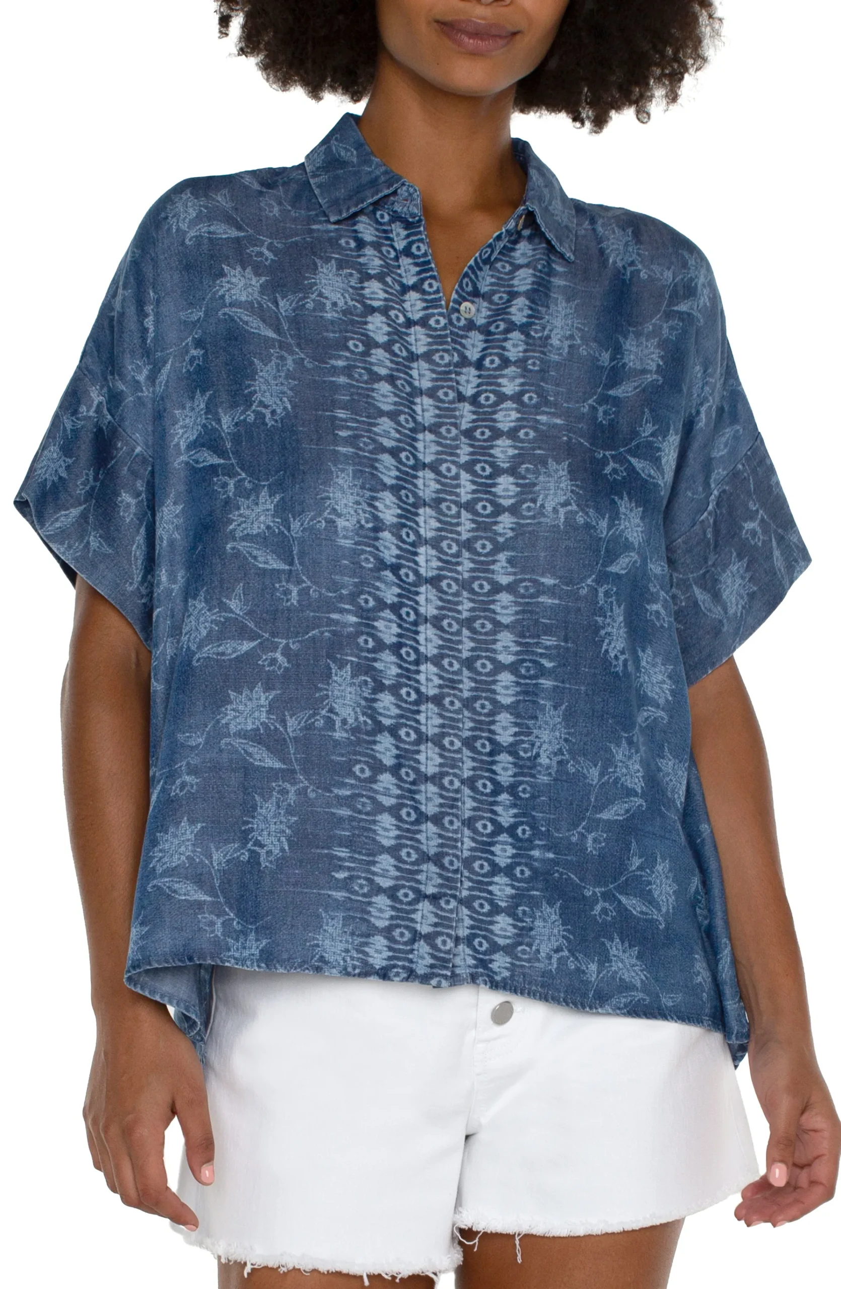 Liverpool Los Angeles Tops-PETITE COLLARED CAMP SHIRT Indigofloral