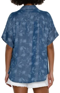 Liverpool Los Angeles Tops-PETITE COLLARED CAMP SHIRT Indigofloral