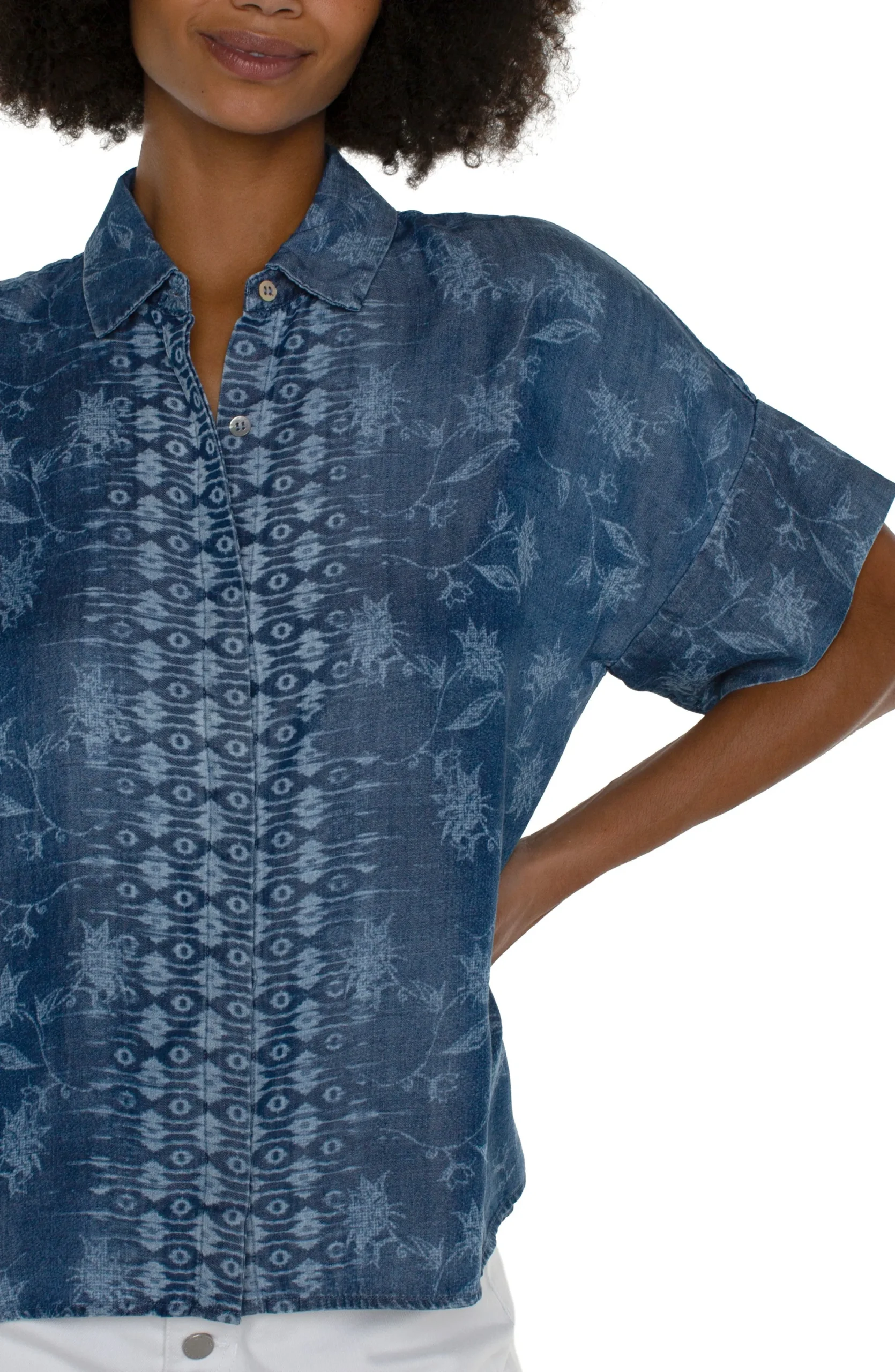 Liverpool Los Angeles Tops-PETITE COLLARED CAMP SHIRT Indigofloral