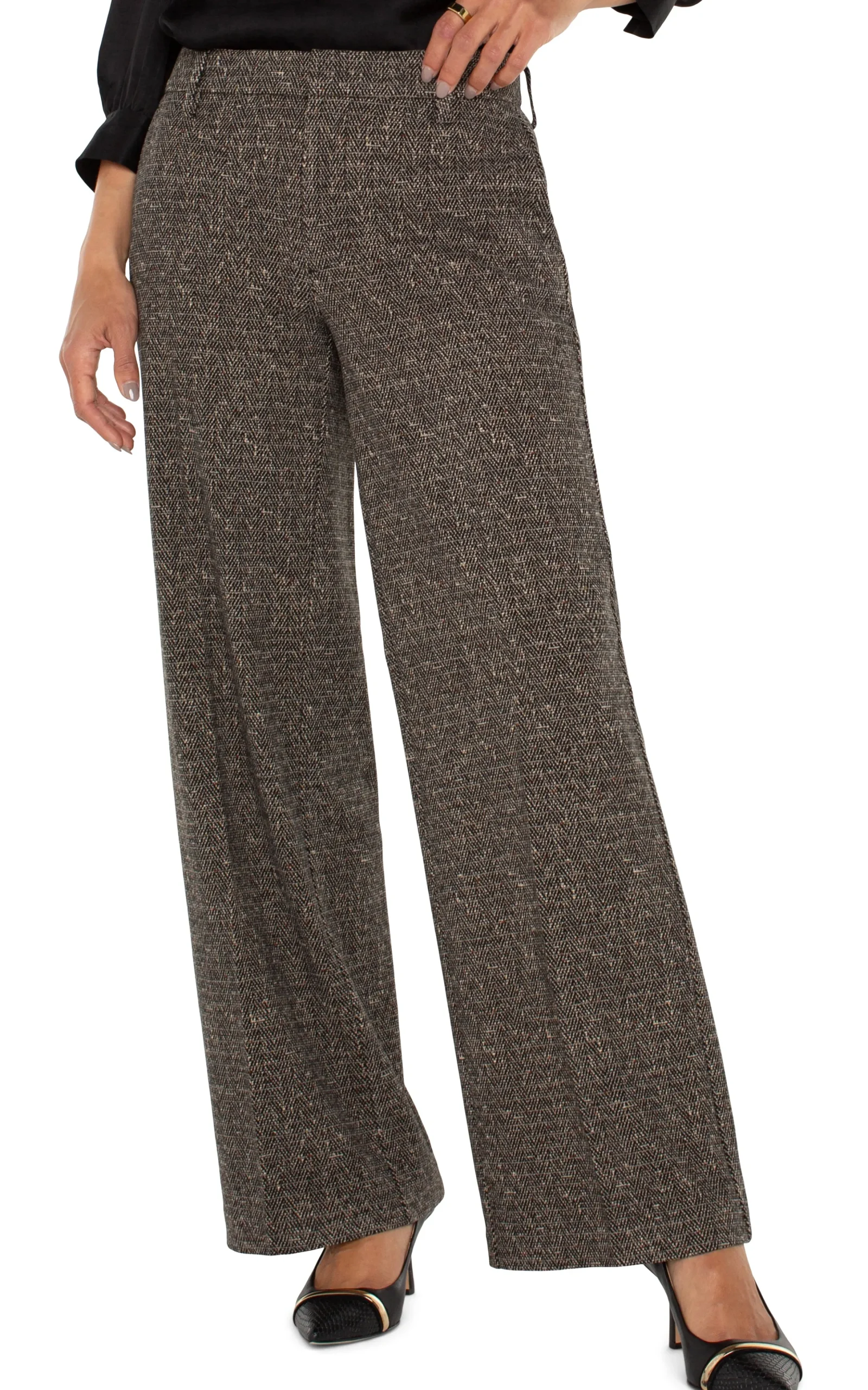 Liverpool Los Angeles Pants-PETITE KELSEY WIDE LEG TROUSER Blacktanherringbone