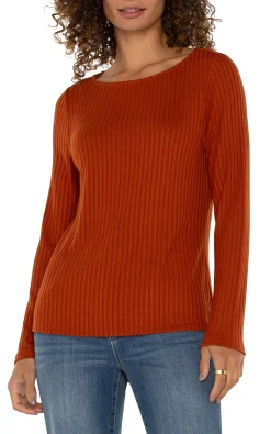 Liverpool Los Angeles Tops-PETITE LONG SLEEVE BOAT NECK KNIT TOP Cedar