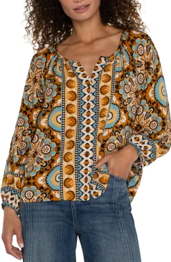 Liverpool Los Angeles Tops-PETITE LONG SLEEVE BUTTON FRONT WOVEN BLOUSE Oceanjaspermulti