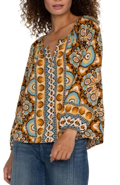 Liverpool Los Angeles Tops-PETITE LONG SLEEVE BUTTON FRONT WOVEN BLOUSE Oceanjaspermulti