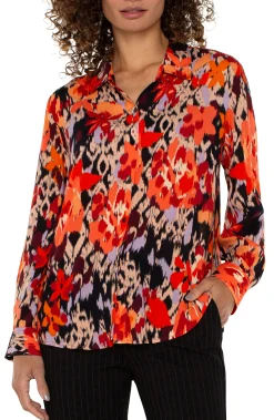 Liverpool Los Angeles Tops-PETITE LONG SLEEVE BUTTON UP WOVEN BLOUSE Burntorangefloral