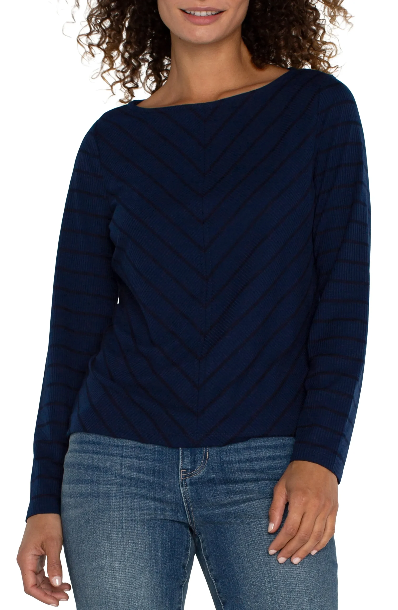 Liverpool Los Angeles Tops-PETITE LONG SLEEVE MITER KNIT TOP Darknavystripe