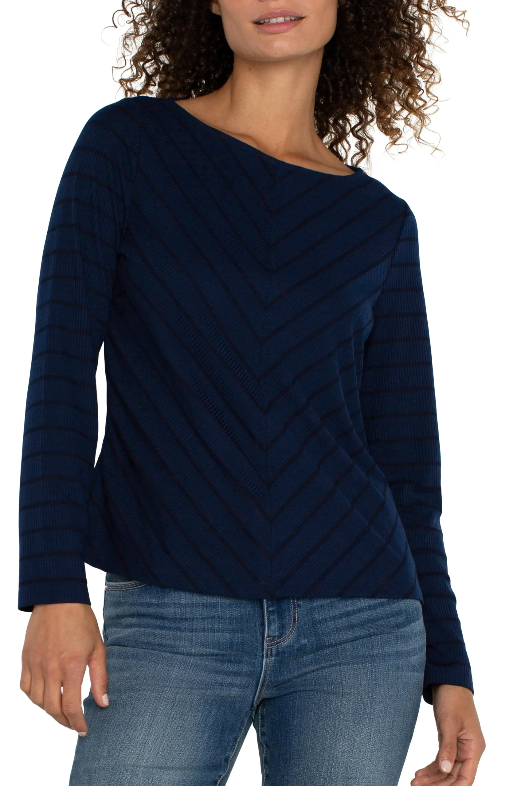 Liverpool Los Angeles Tops-PETITE LONG SLEEVE MITER KNIT TOP Darknavystripe