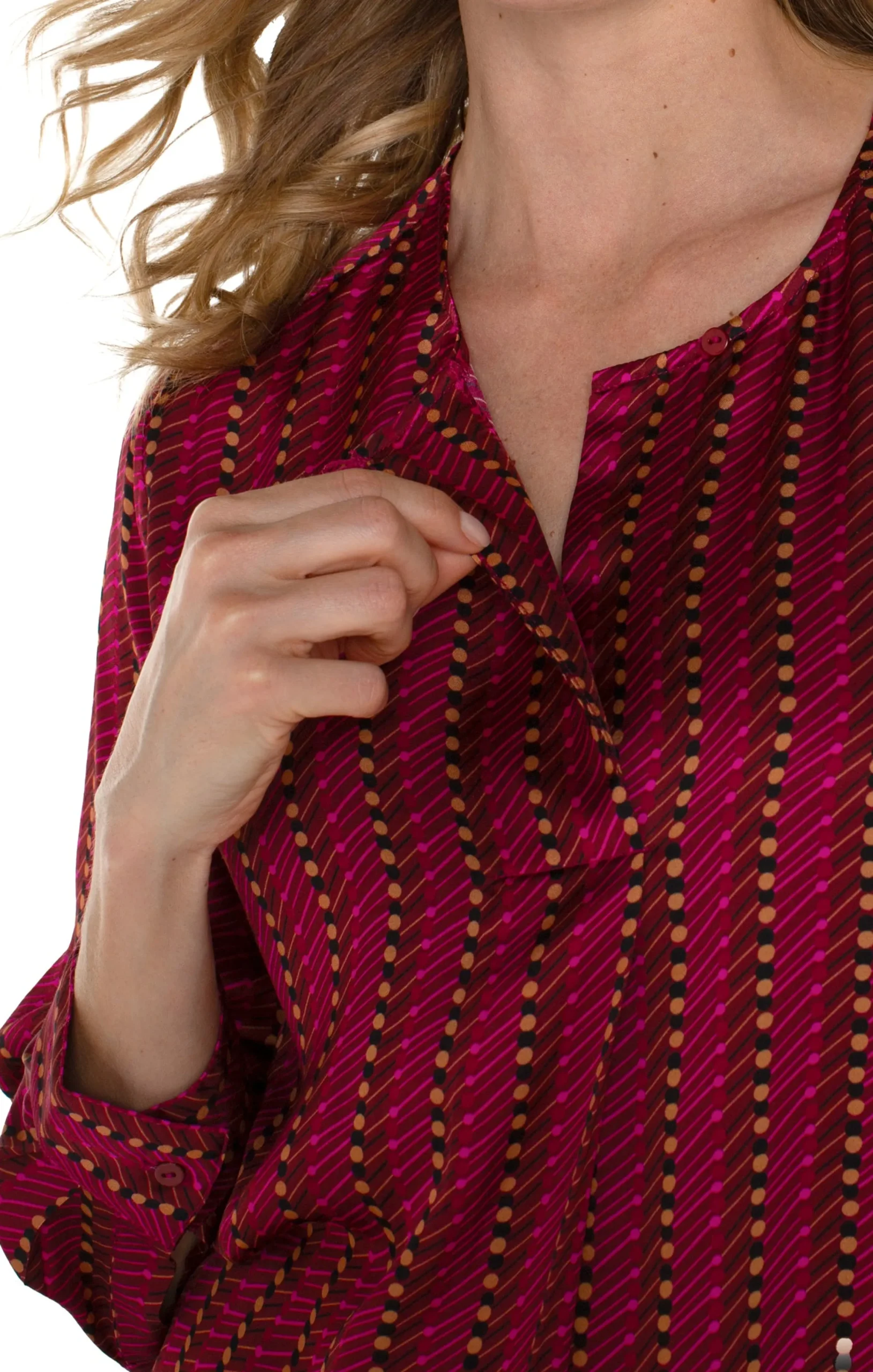 Liverpool Los Angeles Tops-PETITE LONG SLEEVE POPOVER WOVEN BLOUSE Rubydottedstripe