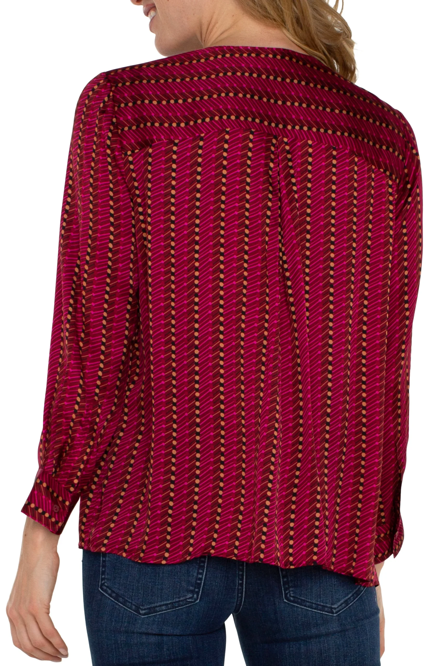 Liverpool Los Angeles Tops-PETITE LONG SLEEVE POPOVER WOVEN BLOUSE Rubydottedstripe