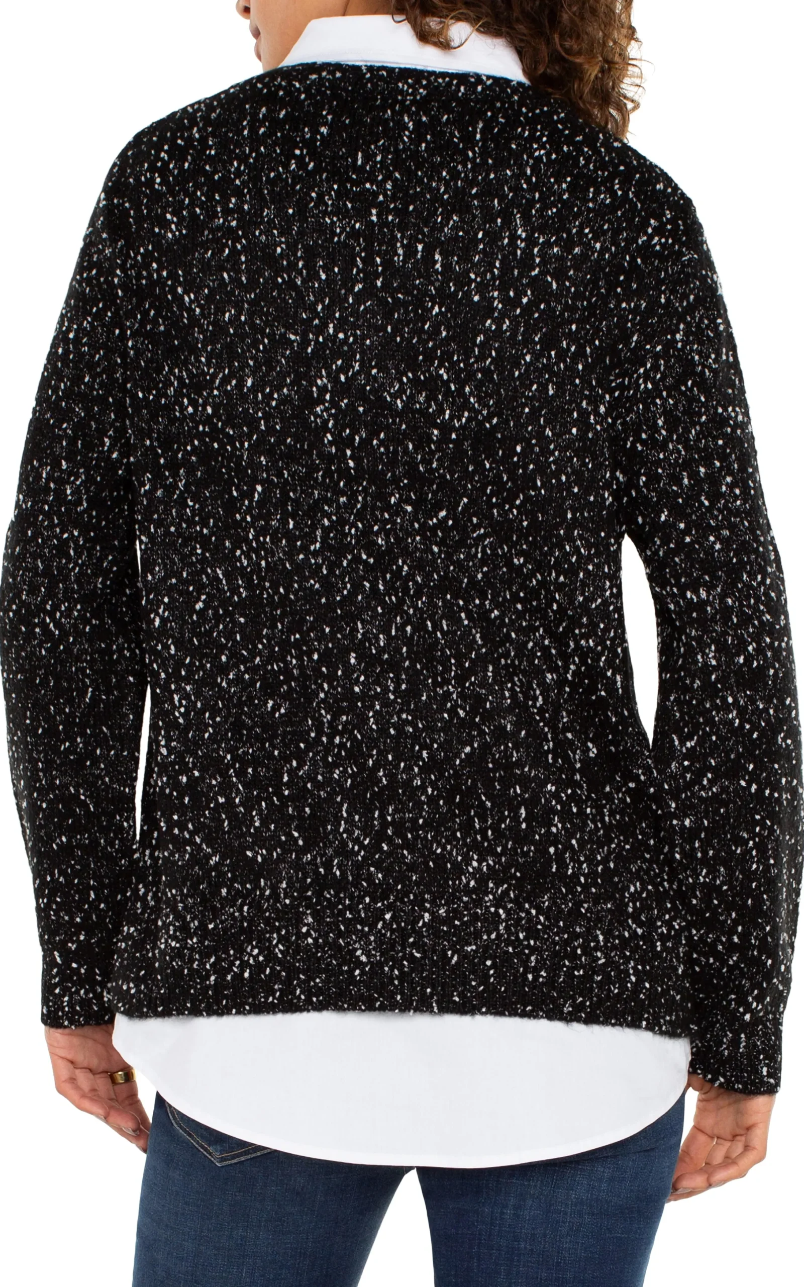 Liverpool Los Angeles Tops-PETITE LONG SLEEVE TWOFER COLLARED SWEATER Blackwithwhiteflecks