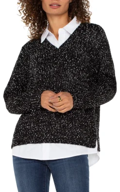 Liverpool Los Angeles Tops-PETITE LONG SLEEVE TWOFER COLLARED SWEATER Blackwithwhiteflecks