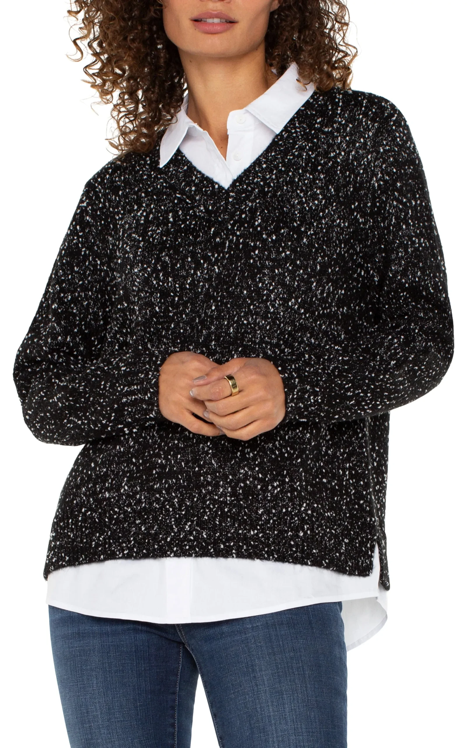 Liverpool Los Angeles Tops-PETITE LONG SLEEVE TWOFER COLLARED SWEATER Blackwithwhiteflecks