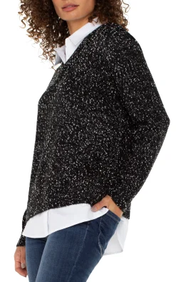 Liverpool Los Angeles Tops-PETITE LONG SLEEVE TWOFER COLLARED SWEATER Blackwithwhiteflecks