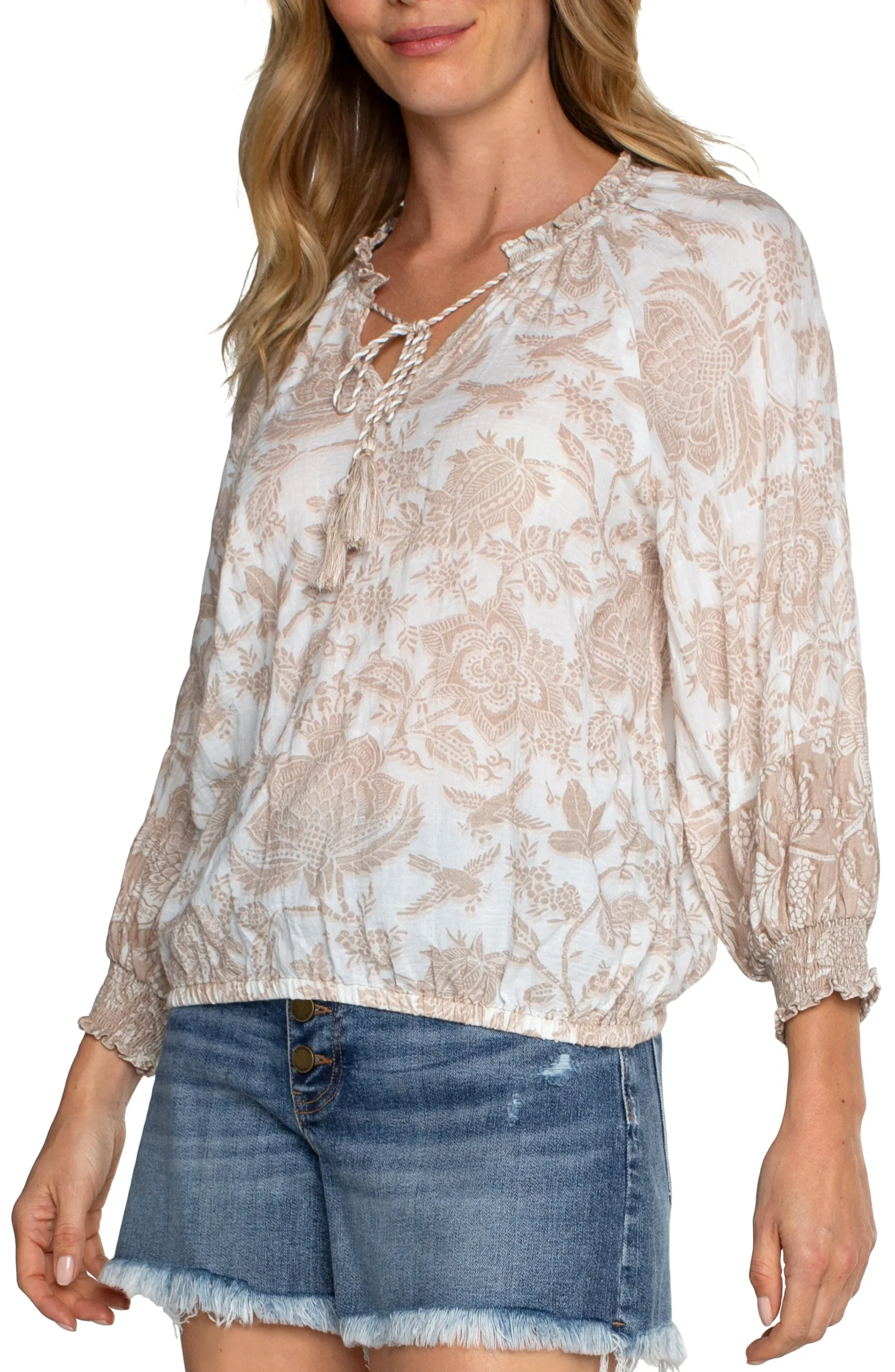 Liverpool Los Angeles Tops-PETITE OPEN CREW NECK RAGLAN TOP Tanwhitefloral