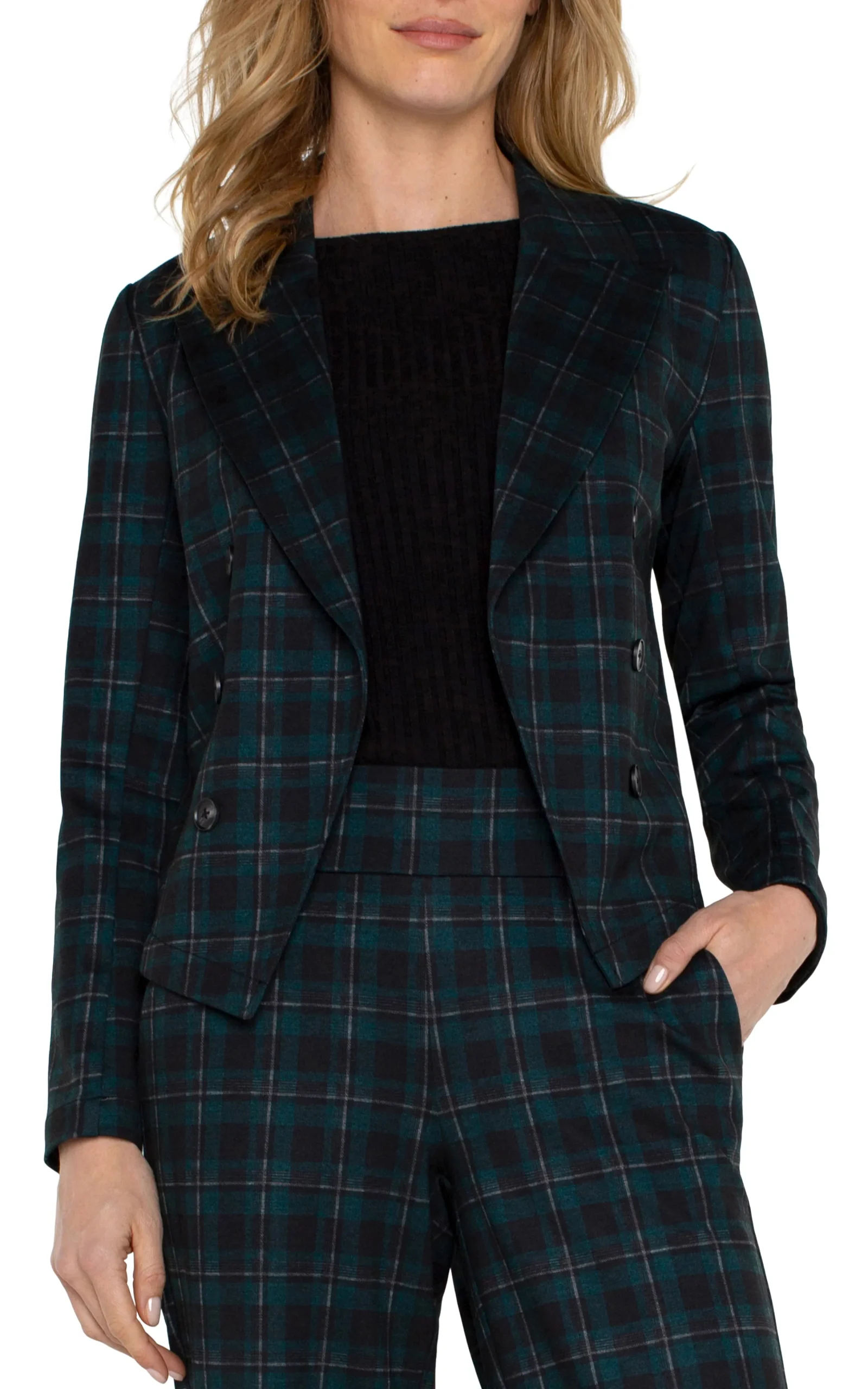 Liverpool Los Angeles Jackets-PETITE OPEN FRONT BLAZER Darkforesttartanplaid