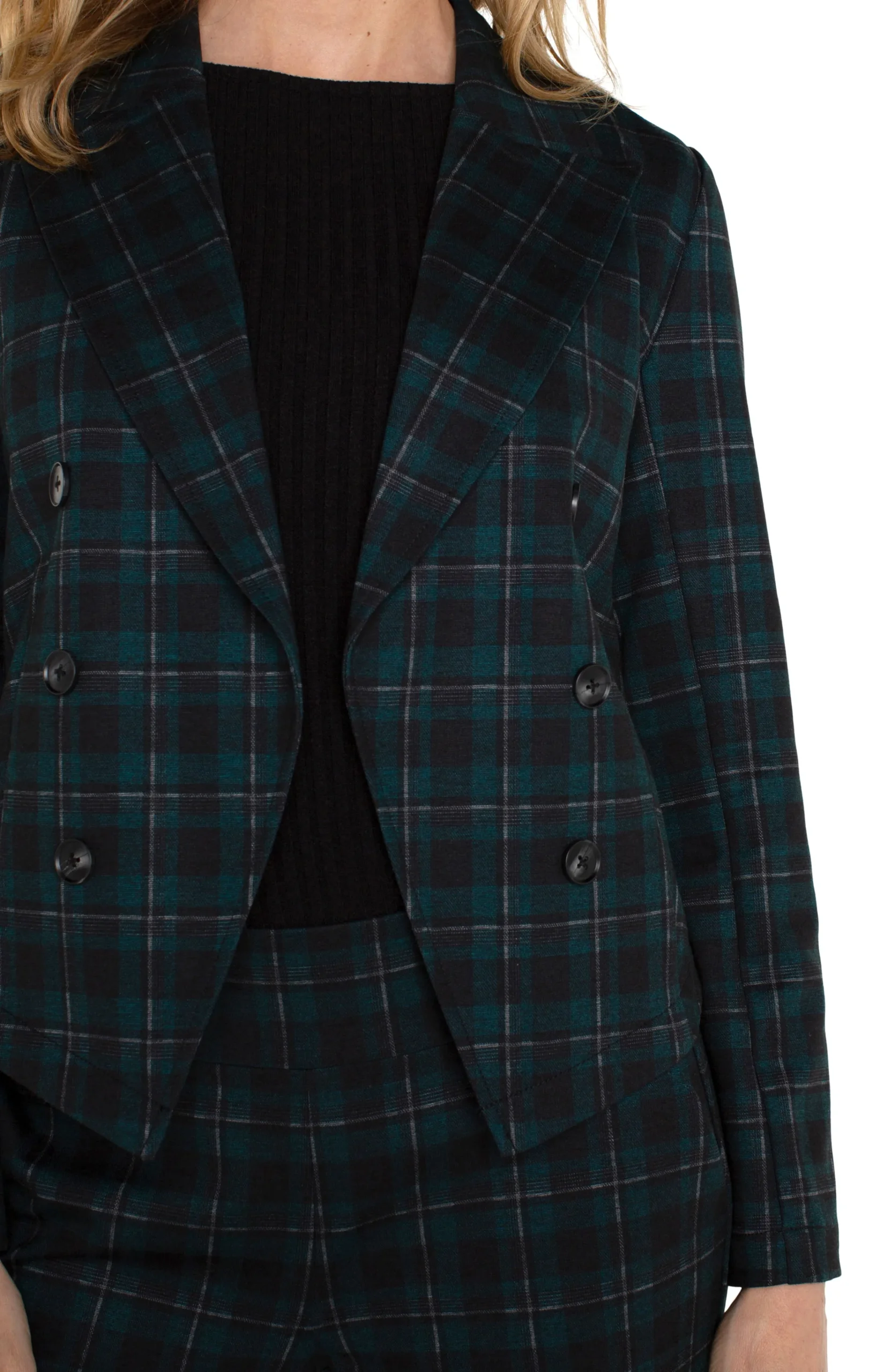 Liverpool Los Angeles Jackets-PETITE OPEN FRONT BLAZER Darkforesttartanplaid