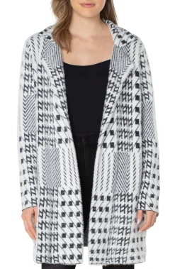 Liverpool Los Angeles Jackets-PETITE OPEN FRONT COATIGAN SWEATER Blackwhitemixedplaid
