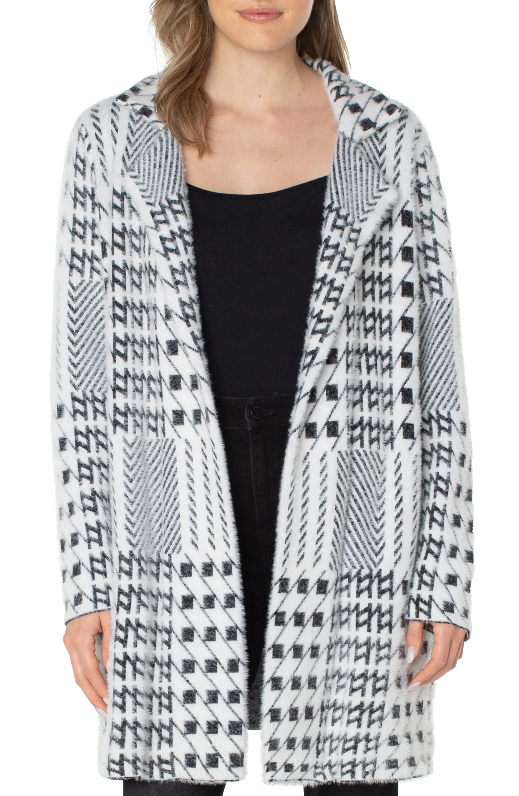 Liverpool Los Angeles Jackets-PETITE OPEN FRONT COATIGAN SWEATER Blackwhitemixedplaid