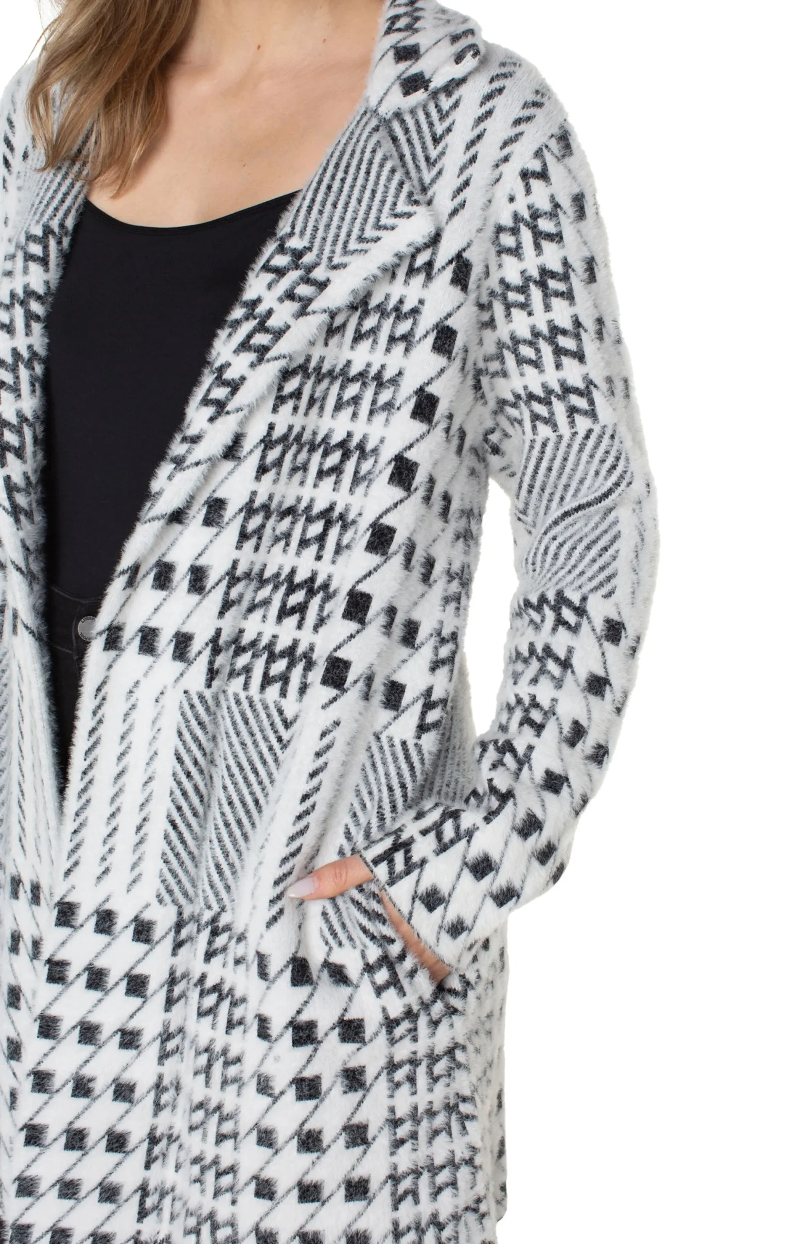 Liverpool Los Angeles Jackets-PETITE OPEN FRONT COATIGAN SWEATER Blackwhitemixedplaid