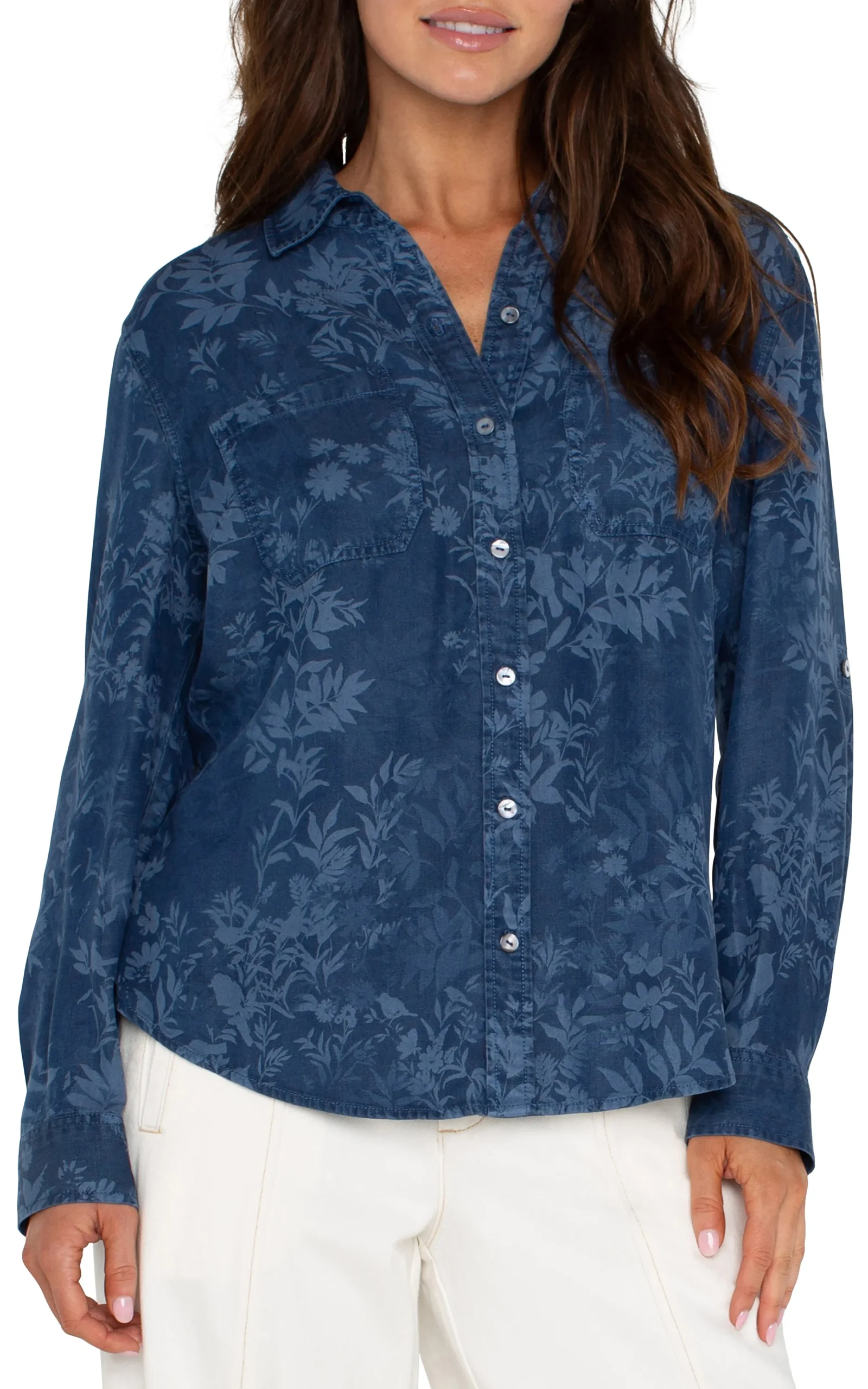 Liverpool Los Angeles Tops-PETITE ROLLED SLEEVE BUTTON DOWN SHIRT Indigofloral