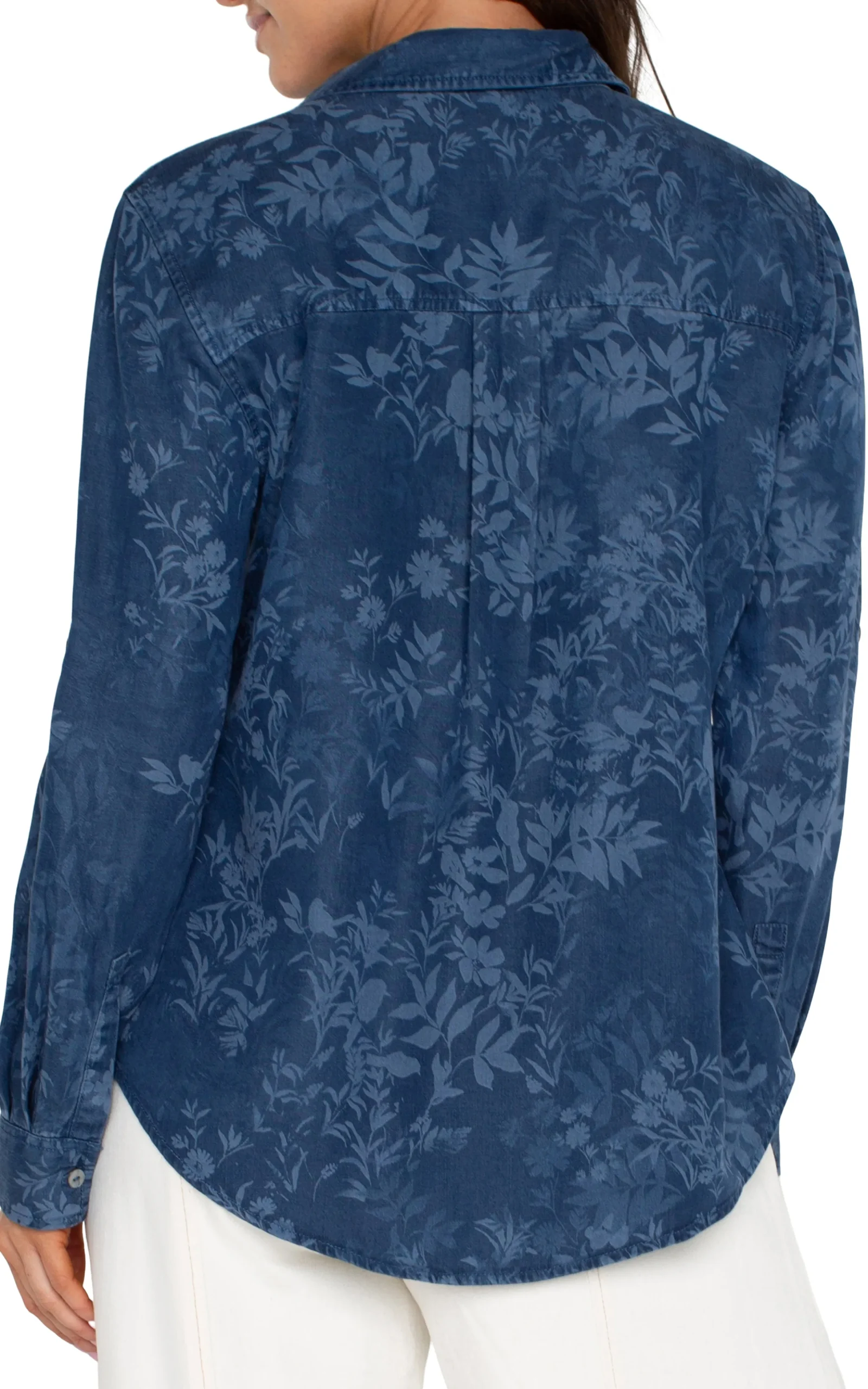 Liverpool Los Angeles Tops-PETITE ROLLED SLEEVE BUTTON DOWN SHIRT Indigofloral